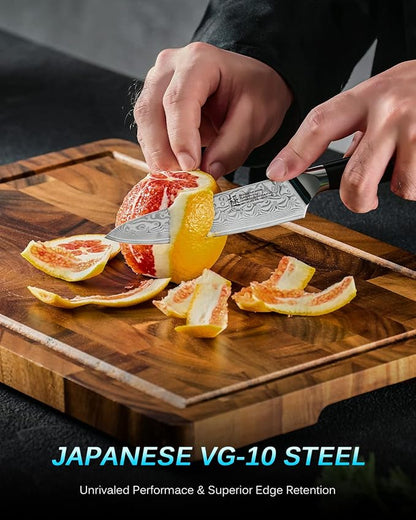 KYOKU Gin Series 5" Utility Kitchen Knife, Japanese Style VG10 Damascus Stainless Steel Knife with Silver Ion Blade G10 Handle Mosaic Pin, All Purpose Professional for Meat Veg and Fruit