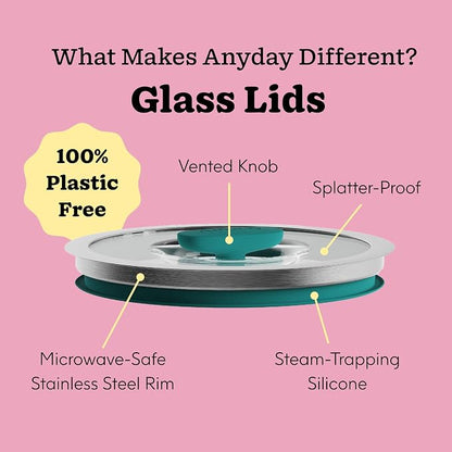 Anyday 4-Pc Microwave Cookware & Glass Food Storage Set with Glass Lids | Medium Plastic-Free Containers | Stackable Steamer with Vented Lid for Microwave-Safe Reheating & Steaming Vegetables, Rice