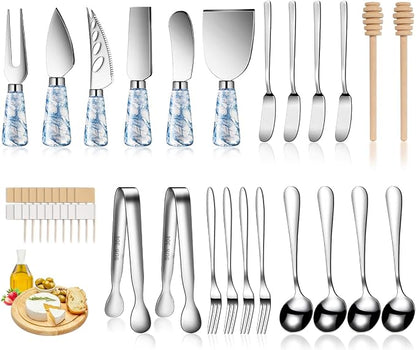 Marble Blue Cheese Knife Set, Ceramic Handle Charcuterie Board Accessories - Butter Spreader, Cheese Slicer, Serving Tongs, Spoons, Forks, Flags, Wooden Honey Dipper