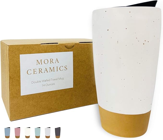 Mora Double Wall Ceramic Coffee Travel Mug with Lid, 14 oz, Portable, Microwave, Dishwasher Safe, Insulated Reusable Tall Cup, Splash Resistant Lid - To Go Tumbler for Car Cup Holder, Cotton White