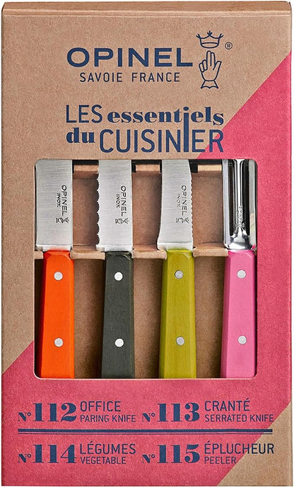 OPINEL Les Essentials - Small Kitchen 4 Piece Knife Set - Paring, Serrated, Peeler, Vegetable Knife, Corrosion Resistant High Carbon Steel, Made in France (50s)