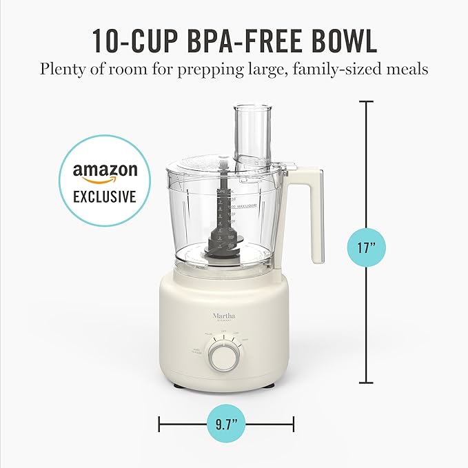 Martha Stewart Food Processor, 10-Cup Electric Chopper for Slicing, Shredding, Mincing and Puree, BPA-Free Twist & Lock Bowl, 3 Multipurpose Blades, Variable Speed Dial, Wide Feed Chute, Linen Cream