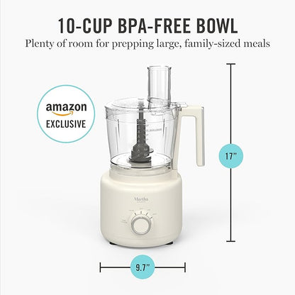 Martha Stewart Food Processor, 10-Cup Electric Chopper for Slicing, Shredding, Mincing and Puree, BPA-Free Twist & Lock Bowl, 3 Multipurpose Blades, Variable Speed Dial, Wide Feed Chute, Linen Cream