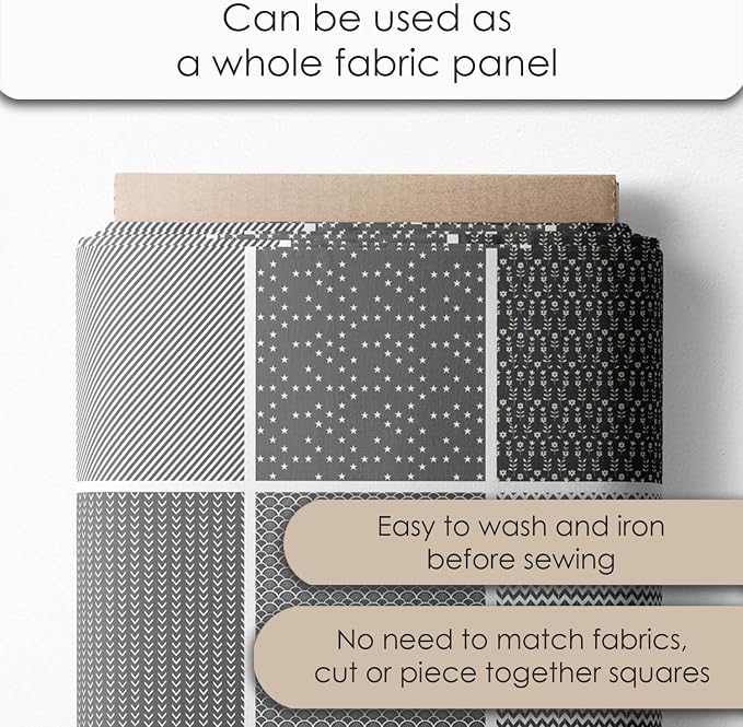 Cotton Satin Patchwork Fabric Panel – 35 Designs, 20×20 cm Squares, Single Piece 150×110 cm, Black & Grey Patchwork Quilt Fabric (Moonlight Patchwork Set, 35pcs 8x8 inch)