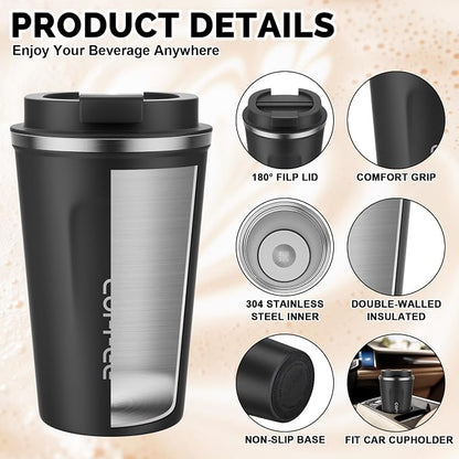 MOMSIV 12oz Travel Mug, Insulated Coffee Cup with Leakproof Lid, Vacuum Stainless Steel Double Walled Reusable Tumbler for Hot and Cold Water Coffee and Tea In Travel and Car Black