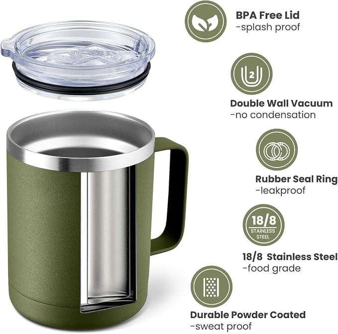 MEWAY 12oz Coffee Mug With Handle 8 Pack Bulk,Stainless Steel Insulated Travel Tumblers With Sliding Lid,Double Wall Vacuum Camping Cup for Hot & Cold Drinks Tea (Army Green,Set of 8)