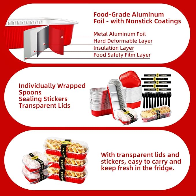 100PCS Red Mini Loaf Pan with Lids and Spoons 6.8oz Rectangular Aluminum Foil Bread Pan 10oz Square Cake Cup with Decal Disposable Baking Supply for Graduate Wedding Birthday