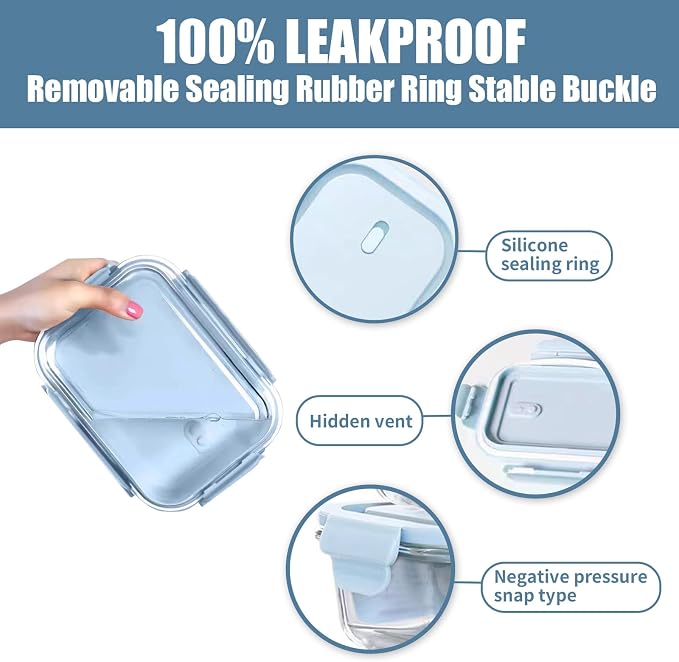 Glass Meal Prep Containers 5 Pack,Three Sizes Airtight Glass Lunch Containers, Glass Food Storage Containers with Lids, for Microwave, Oven, Freezer & Dishwasher Friendly(Sky Blue)