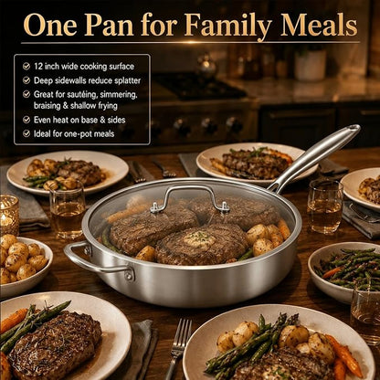 DELARLO Tri-Ply Stainless Steel Frying Pan,12 inch Skillet with Lid,6 Quart Saute Pan,Compatible with All Cooktops,Oven Up to 660℉,Chicken Fryer,Dishwasher-Friendly