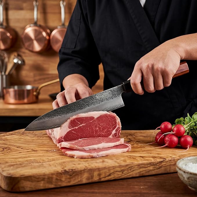 8" Professional Japanese Chef Knife, Authentic VG-10 Steel, 62 HRC, Ultra Sharp Corrosion Resistant Full Tang Blade, Octagonal Mahogany Handle, Handcrafted Knife with Premium Wooden Gift Box