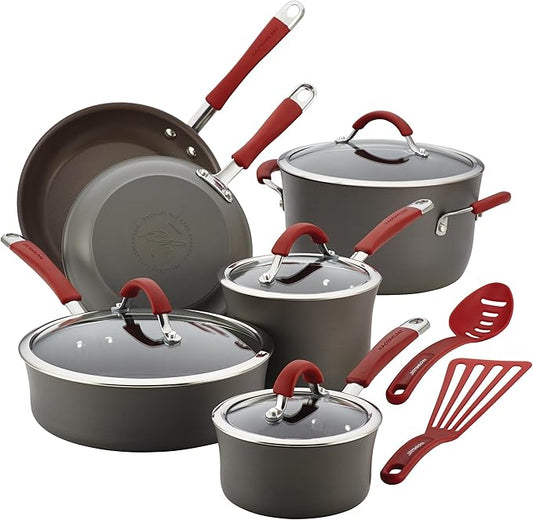 Rachael Ray Cucina Dishwasher-Safe Hard-Anodized Pots and Pans Set Non Stick Cookware, 12-Piece, Gray with Red Handles
