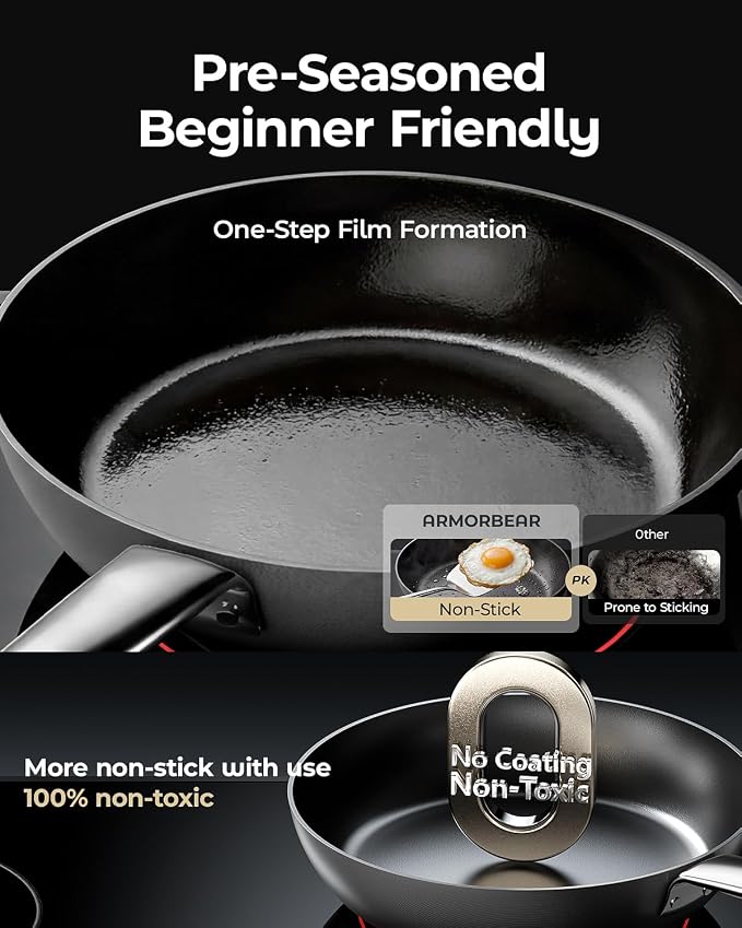Anti-Warp Carbon Steel Frying Pan, 10 Inch Pre-Seasoned Cooking Skillet, Works on All Cooktops,Oven Safe, Nitrided Carbon Steel Pan for Kitchen, Camping, Chef Use