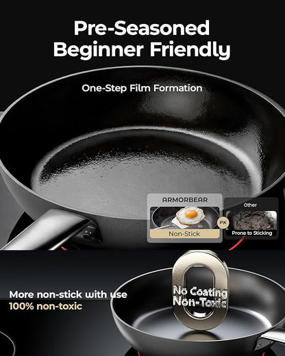 Anti-Warp Carbon Steel Frying Pan, 10 Inch Pre-Seasoned Cooking Skillet, Works on All Cooktops,Oven Safe, Nitrided Carbon Steel Pan for Kitchen, Camping, Chef Use