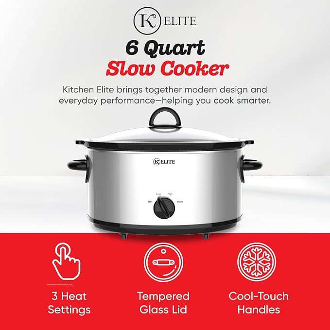Kitchen Elite 6 Quart Slow Cooker for Large Families, Stainless Steel Crock Pot with 3 Heat Settings, Dishwasher-Safe Ceramic Pot & Tempered Glass Lid