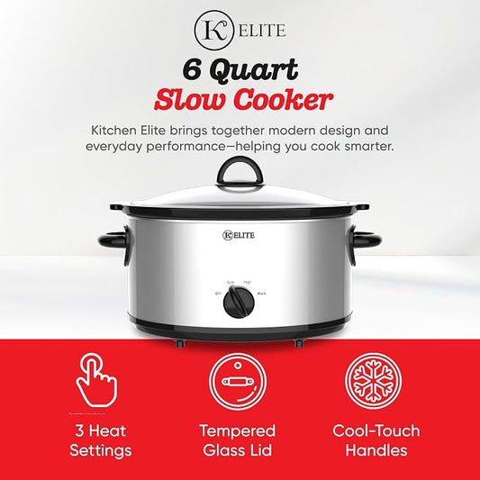 Kitchen Elite 6 Quart Slow Cooker for Large Families, Stainless Steel Crock Pot with 3 Heat Settings, Dishwasher-Safe Ceramic Pot & Tempered Glass Lid