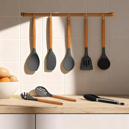Kitchen Utensils Set - 12 Pcs Silicone Cooking Utensils Set with Wooden Handle - Heat Resistant Non-Stick BPA Free Spatula Set,Turner, Spoon, Brush, Silicone Kitchen Gadgets Utensil Set