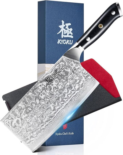 KYOKU 7" Japanese Damascus Meat Cleaver Chopping Knife,UPGRADED Chinese Vegetable Slicing Cutter with Silver Ion Coating,Sharp VG10 Asian Kitchen Cooking Cutting Chef Knife for Professional Home Chefs