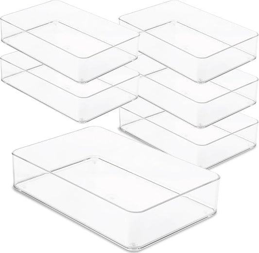 primebox Plastic Clear Drawer Organizers. Bathroom. Kitchen, Bedroom, Utensils, Office Organizer Bins, Storage Trays. Stackable. 9" x 6" x 2" Set of 6