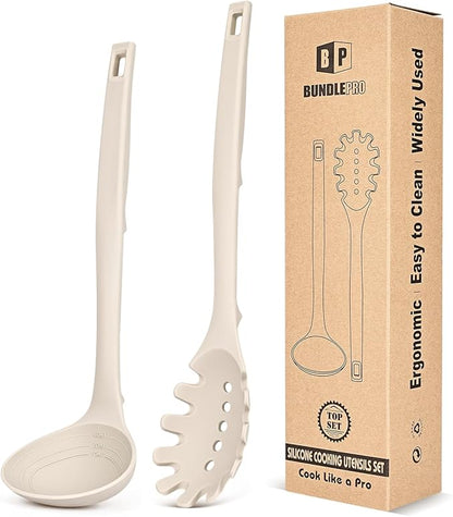 Silicone Pasta Fork and Soup Ladle Set, Heat Resistant Non Stick Kitchen Utensils with Back Hooks, Suitable for Cooking, Stirring, Serving Spaghetti, Soup, Sauce(KHAKI)
