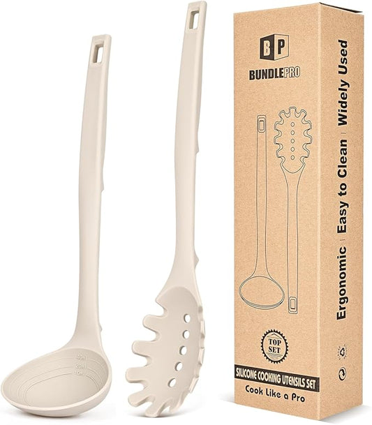 Silicone Pasta Fork and Soup Ladle Set, Heat Resistant Non Stick Kitchen Utensils with Back Hooks, Suitable for Cooking, Stirring, Serving Spaghetti, Soup, Sauce(KHAKI)