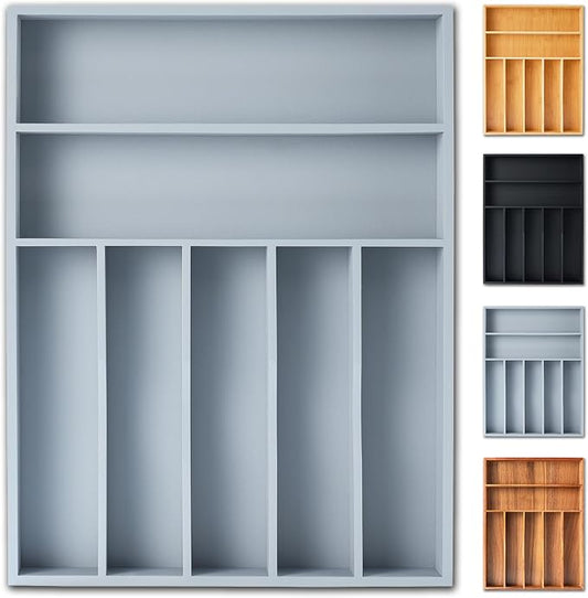 Silverware Organizer, 12.5 Inch Utensil Organizer Kitchen Drawer Organizer Bamboo Silverware Holder Cutlery Tray Organizer in Drawer Flatware Organizer Tray(7 slots, Gray