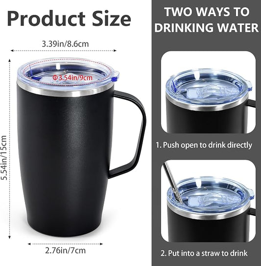 16oz Coffee Mug with Handle, 2Pack Insulated Coffee Tumblers with Lid and Straw, Double Wall Vacuum Travel Coffee Mug with Handle for Coffee Tea Milk Fruit Juice, Black&Purple