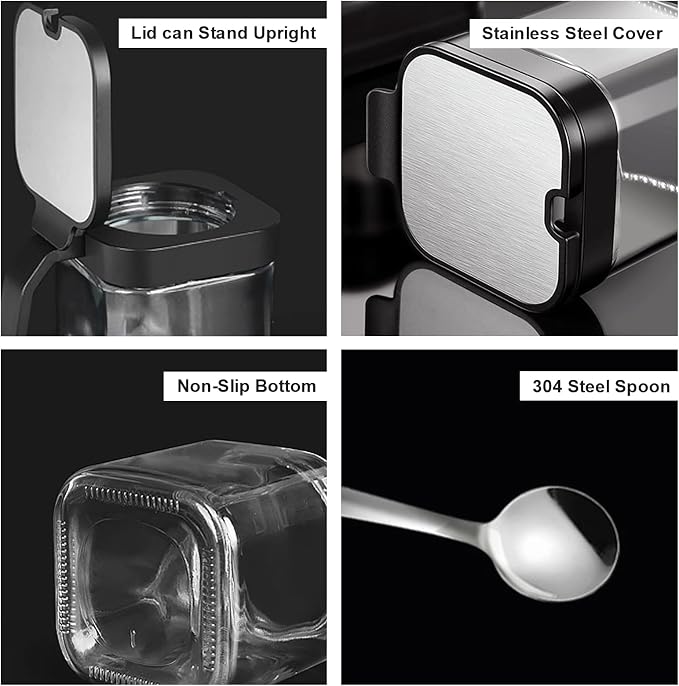 Clear Glass Condiment Canisters Pots, 8 oz Condiment Jar Spice Container with 304 Stainless Steel Lids and Spoons, Glass Seasoning Box Set of 3 Spice Jars Salt Container Sugar Bowl for Kitchen(Black)