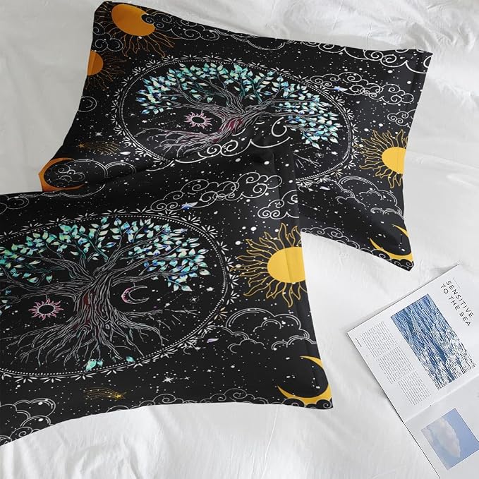 Pamnest Comforter Set Twin Size, Trippy Hippie Tree of Life 5 Pcs Bedding for Kids and Adults, Sun and Moon Bohemian Bed Sheet Sets with Fitted Sheet Pillowcase & Sham for Bedroom Bed Decor