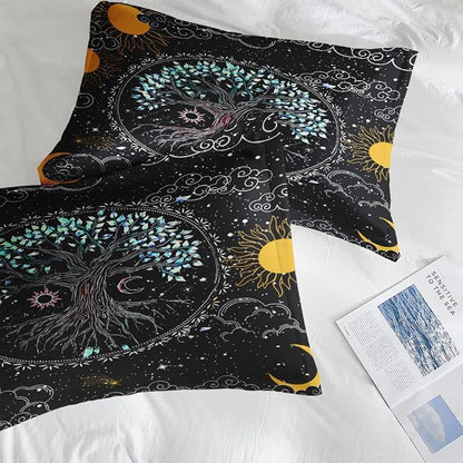 Pamnest Comforter Set Queen Size, Trippy Hippie Tree of Life 7 Pcs Bedding for Kids and Adults, Sun and Moon Bohemian Bed Sheet Sets with Fitted Sheet 2 Pillowcase & 2 Sham for Bedroom Bed Decor