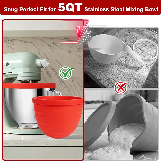 Silicone Bowl Liners Compatible with KitchenAid 4.5 & 5 Qt Tilt-Head Stand Mixer, 3 Pack Bowl Inserts with Lids, Food-Grade BPA-Free Nonstick Reusable Mixer Bowl Liners