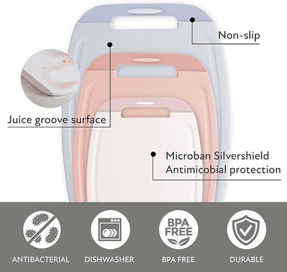Neoflam Microban Protection Cutting Board 3 Piece Set, Stain & Odor/BPA Free, Reversable Board, Upgraded Larger Juice Groove, Non-Slip EZ Grip Handle, Dishwasher Safe, Pastel
