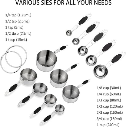 Magnetic Measuring Cups and Spoons Set, 12 Piece Stainless Steel Measuring Cups and Spoons Set, Nesting Kitchen Gadgets with Removable Clasp for Cooking & Baking (Black)