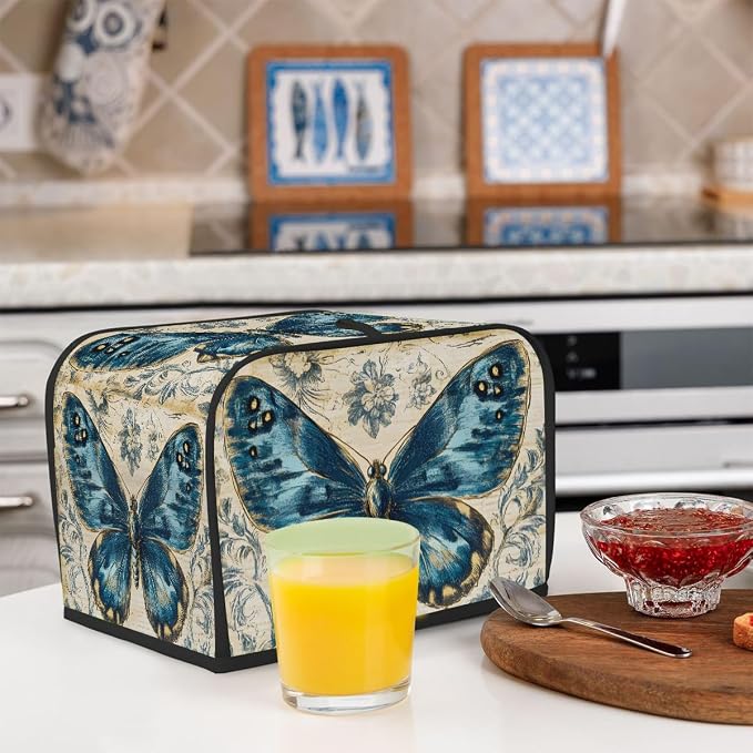2 Slice Blue Butterfly Vintage Toaster Cover Waterproof Dust Fingerprint Bread Machine Cover Washable Kitchen Appliance Protector For Home Kitchen Bakeware Table Decor Women Gifts
