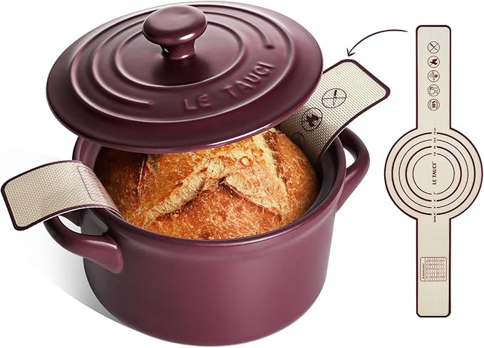 LE TAUCI 3 qt Ceramic Dutch Oven for Bread Baking with Silicone Sling- Lightweight, Non-Toxic, No Seasoning Needed- Oven, Microwave & Dishwasher Safe, Ideal for Home Bakers & Beginners, Wine Red