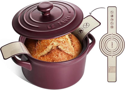 LE TAUCI 3 qt Ceramic Dutch Oven for Bread Baking with Silicone Sling- Lightweight, Non-Toxic, No Seasoning Needed- Oven, Microwave & Dishwasher Safe, Ideal for Home Bakers & Beginners, Wine Red