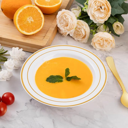 Goodluck 300 Pack Plastic Bowls with Gold Rim, 12oz Disposable Soup Bowls, Heavy Duty Dessert Bowls for Weddings, Parties, Dinners, Catering, Thanksgiving and Everyday Use