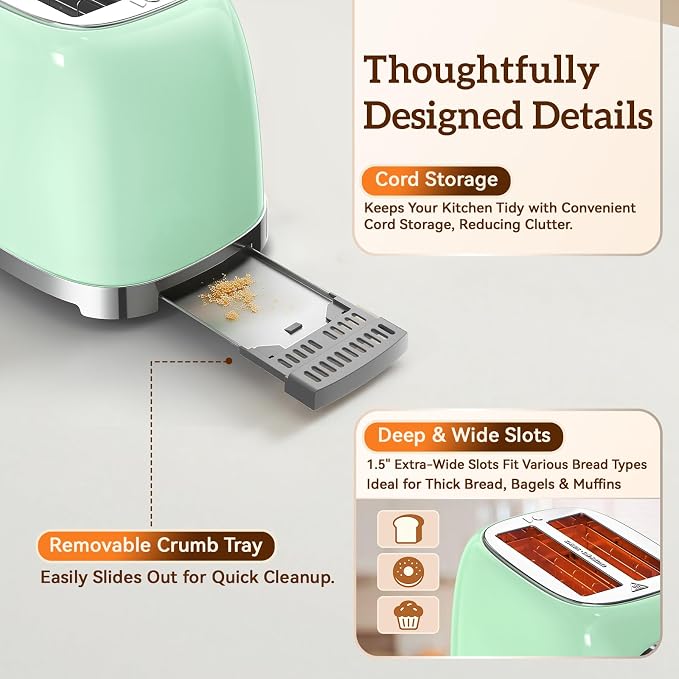 RONGBEST Retro Touch Screen Toaster 2 Slice Wide Slot Stainless Steel with 6 Browning Levels for Breakfast Bagel & Bread, Reheat & Defrost, Removable Crumb Tray, Mint Green