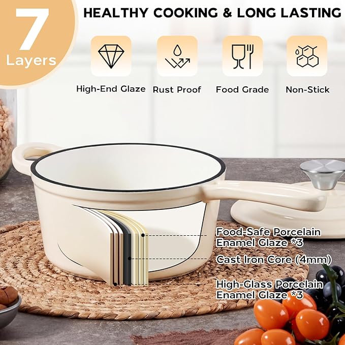 Onader 2QT Saucepan with Lid, Enameled Cast Iron Sauce Pan Pot, Small Dutch Oven Cooking Kitchen Pot, Nonstick & Heavy Duty – Cream White