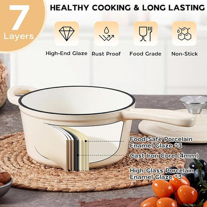 Onader 2QT Saucepan with Lid, Enameled Cast Iron Sauce Pan Pot, Small Dutch Oven Cooking Kitchen Pot, Nonstick & Heavy Duty – Cream White