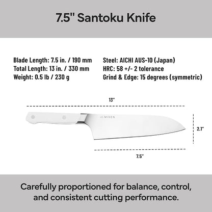 Misen 7.5" Santoku Knife - High Carbon Stainless Steel - Classic Japanese Chef Knife Design for Cutting, Slicing, and Chopping - Razor Sharp Japanese Style Kitchen Knife - White
