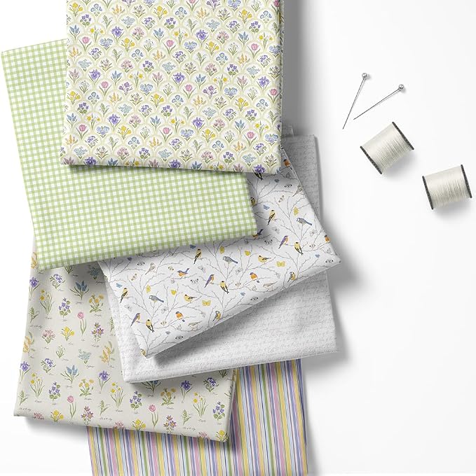 Patchwork Fabric Panel 100x155 cm, 100% Cotton Satin, 6 Coordinated Spring Floral & Bird Patterns, Soft Green Pastel Quilting & Sewing Fabric (Spring Garden, 6pcs 50x50cm)
