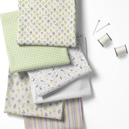 Patchwork Fabric Panel 100x155 cm, 100% Cotton Satin, 6 Coordinated Spring Floral & Bird Patterns, Soft Green Pastel Quilting & Sewing Fabric (Spring Garden, 6pcs 50x50cm)