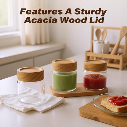 6-Pack 6 fl oz Stackable Airtight Glass Jars (with Acacia Wood Lids + Sticker Labels) – Small Mason Jars designed for overnight oats, spices, dry goods, and kitchen organization.
