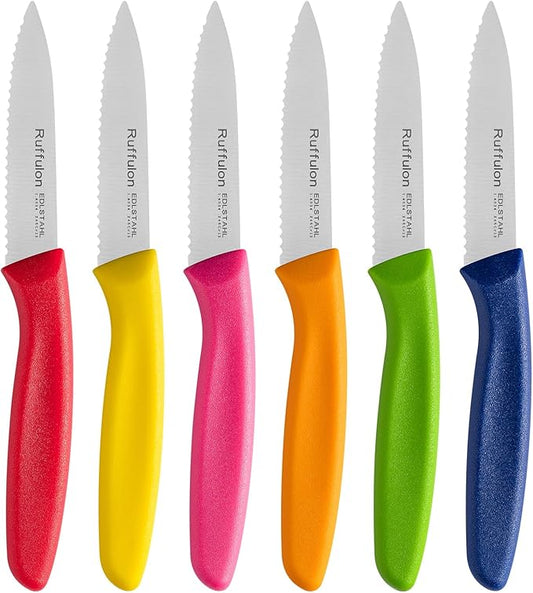 Stainless Steel Paring Knife With Serrated Blade, 6 Pieces Set Vegetable and Fruit Knife, Ultra Sharp Small Kitchen Knife, Colorful Paring Knives with PP Plastic Ergonomic Handle.