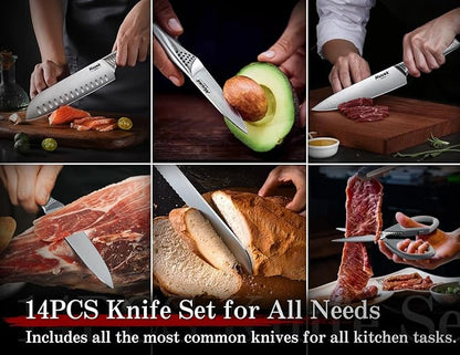 Huusk Knife Set with Block and Sharpener, 14 Pcs Japanese Stainless Steel Kitchen Knife Sets, Sharp Silver Professional Knives Set with Box for Kitchen, Gifts for Men Women