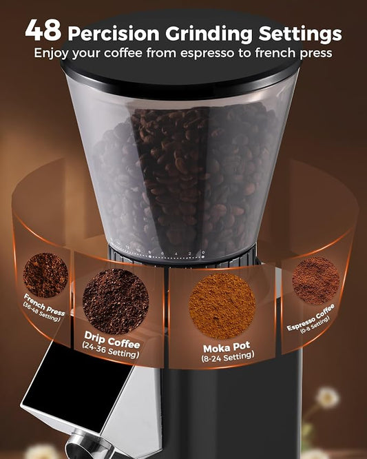 Tuni G1 Black Conical Burr Coffee Grinder with Black Digital Coffee Scale, 48 Grind Settings Anti-static Coffee Bean Espresso Grinder for Espresso/Drip/Cold Brew/French Press
