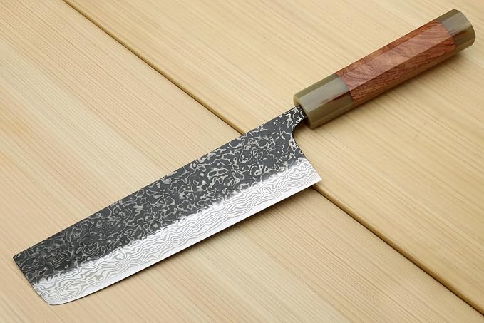 Yoshihiro Black-Forged High Performance SLD Damascus Steel Nakiri Vegetable Knife (7" (180mm), Ironwood Handle) (No Saya)