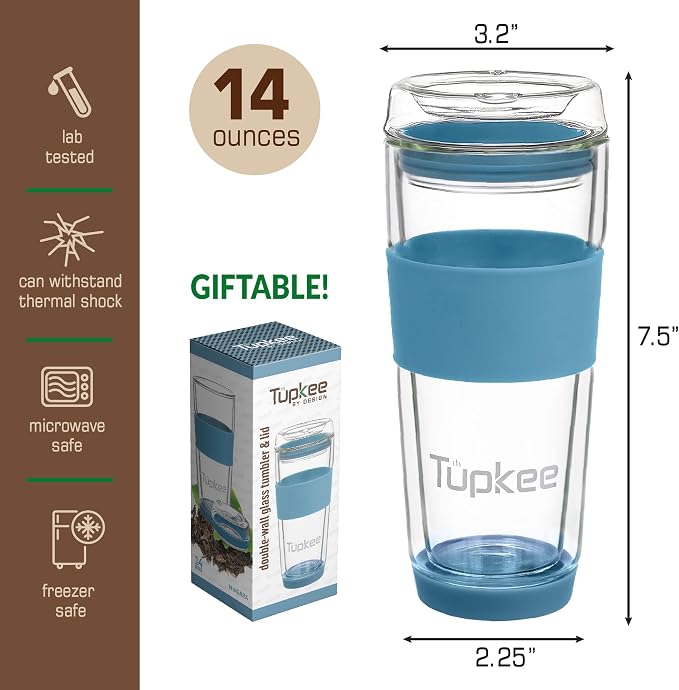 Double Wall All Glass Tumbler - 14-Ounce, Reusable Insulated Tea/Coffee Mug & Lid, Hand Blown Glass Travel Mug - Niagara - 2 Pack
