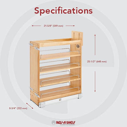 Rev-A-Shelf Maple Pullout Organizer w/Blum Soft-Close for Base Cabinets, Full Extension Slides & Adjustable Shelves, Min Opening Width of 8.5", 448-BCSC-8C