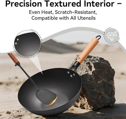 WANGYUANJI 11.8" High Purity Iron Wok Pan,Flat Bottom Stir Fry Pan for Electric,Induction & Gas Stoves,No Chemical Coating Carbon Steel Alternative,Traditional Hand-Hammered Skillet for Cooking